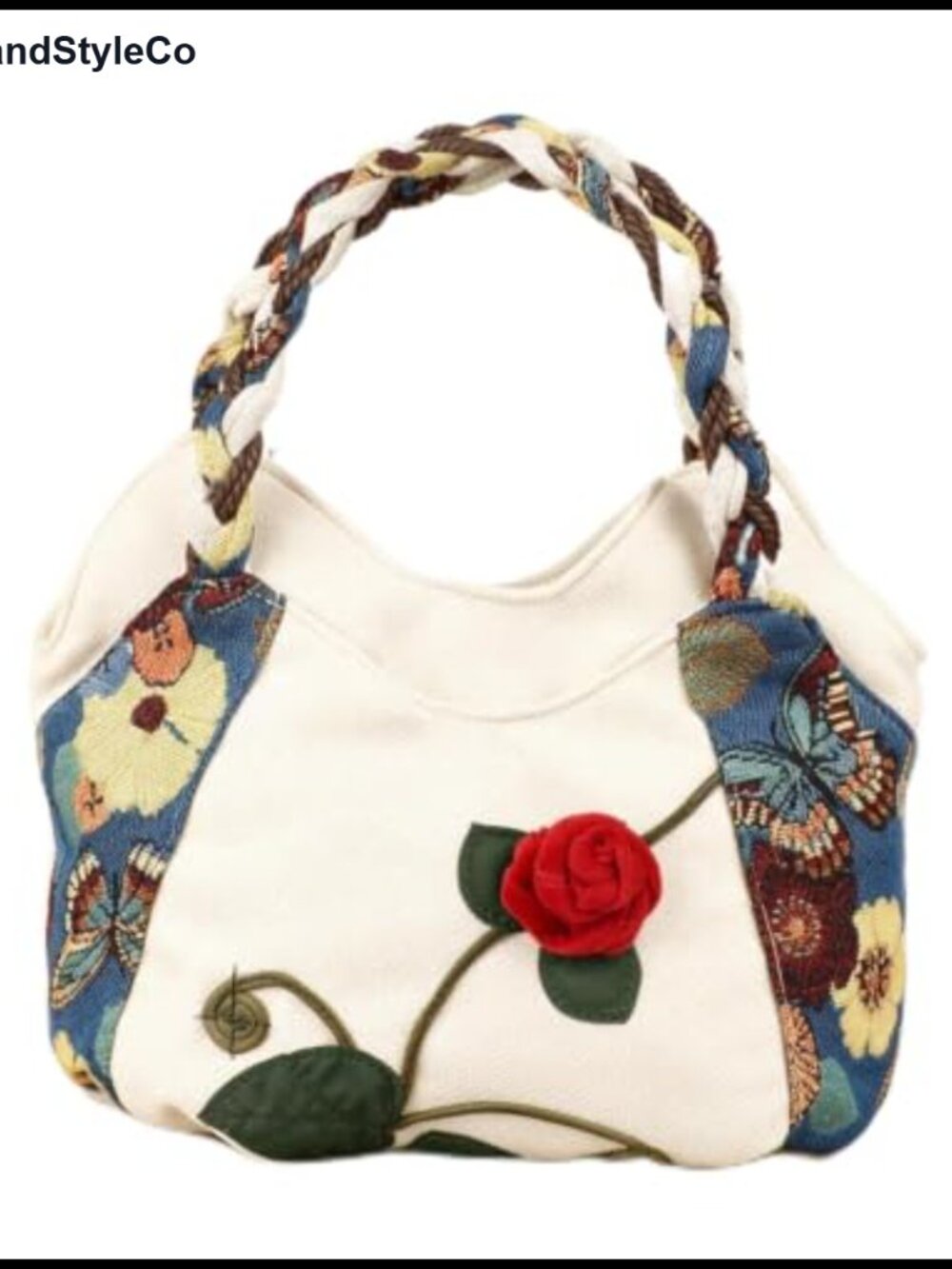 Vintage Embroidered Canvas Tote Bag 3D Red Rose Braided Handles Boho Purse